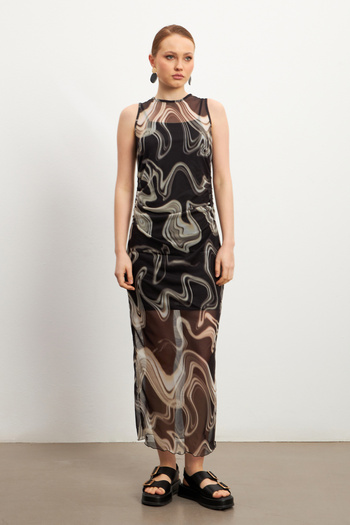 MODAGEN Patterned Women's Sleeveless Black Tulle Dress