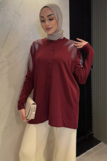 julude Burgundy Stone Embroidered Buttoned Hijab Knitwear Cardigan