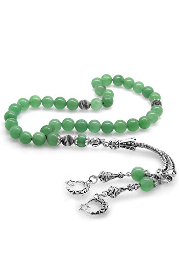 Tesbihane Non-Tarnish Metal Crescent Star Tasseled Globe Cut Aventurine Natural Stone Rosary