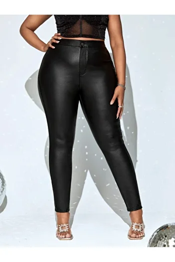Şans Women's Large Size Black Back Pocket Disco Leather Closure Skinny Pants 65N38799