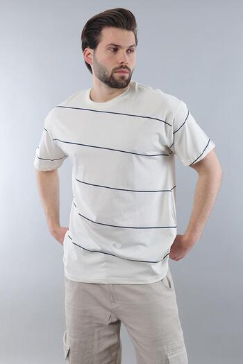 Madmext Ecru Crew Neck Basic Striped Men's T-Shirt E7102