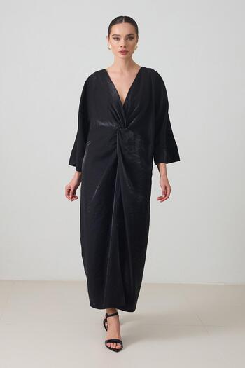 Setre Black V Neck Front Detail Relaxed Fit Wide Fit Long Sleeve Dress