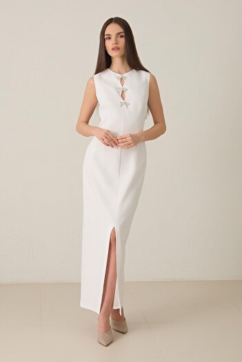 Setre Ecru Full Fit Non-Stretch Fabric Low-Cut Bow Detail Front Slit Sleeveless Midi Length Dress