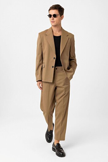 Antioch Camel Relax Fit Kruvaze Erkek Blazer Ceket