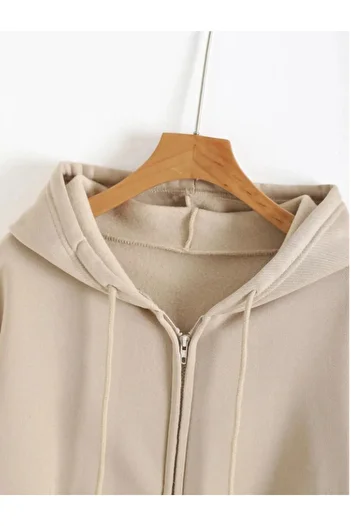 NO 601 Unisex Beige Oversize Zippered Hooded Cardigan Jacket