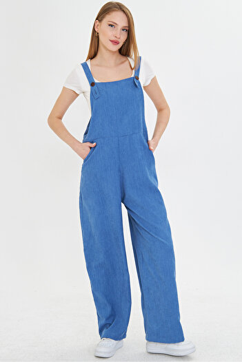 armonika Women's Indigo Velvet Pocket Wide Leg Thin Corded Gardener Overalls Arm-25K 001036