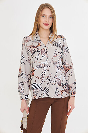 armonika Women's Stone V-Neck Balloon Sleeve Patterned Shirt Arm-25Y 001016