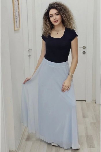 lodmela Baby Blue Flared Chiffon Skirt - Elastic Waist 6003