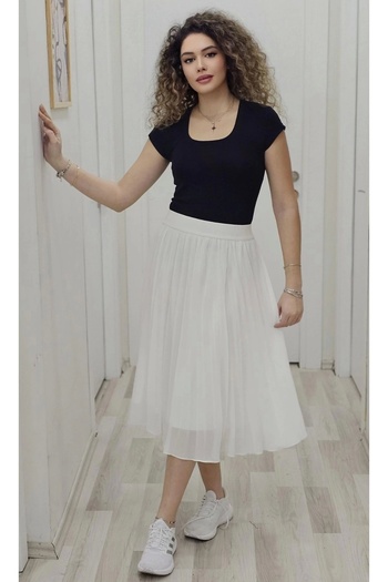 lodmela Elastic Waist Pleated Skirt 6018-White