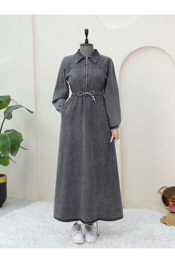 Modamorfo Half Zipper Tunnel Lace-Up Denim Dress -Smoked