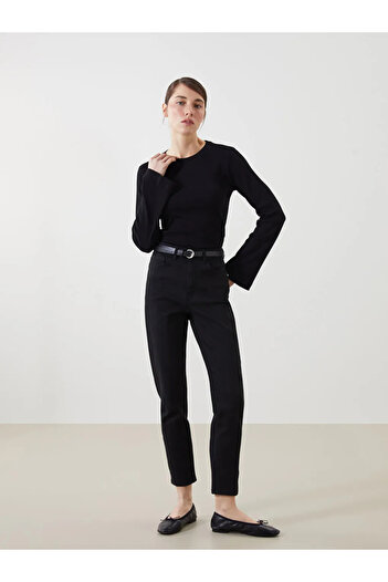 LC Waikiki Lcw Jeans Black Mom Fit Women's Jeans Pants with Waist Belt