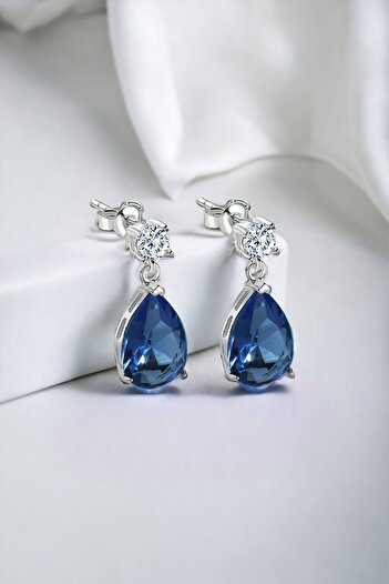 jelux silver Gümüş 925 Ayar Rodyumlu Zirkon Taşlı Safir Pırlanta Montür Çivili Damla Küpe