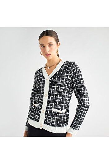 FAV Checked V-neck Cardigan With Button Closure And Pockets