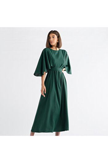 FAV Solid Midi Dress With Flutter Sleeves And Tie-up Belt