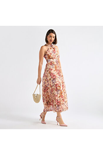 FAV Floral Print Halter Neck Dress With Belt