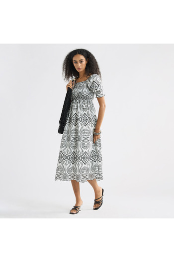 FAV Embroidered A-line Midi Dress With Shirred Detail And Short Sleeves