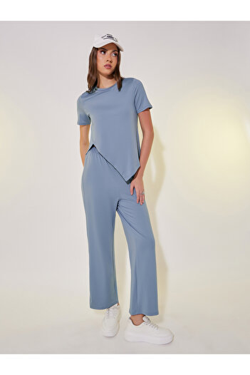 Take Two By Styli Asymmetrical Hem Short Sleeve T-Shirt and Pants Co-Ords