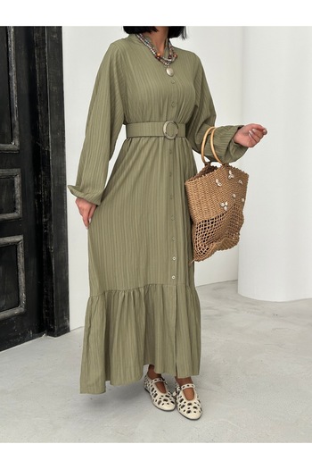 BEJNA Women's Khaki Belted Maxi Woven Shirt Dress