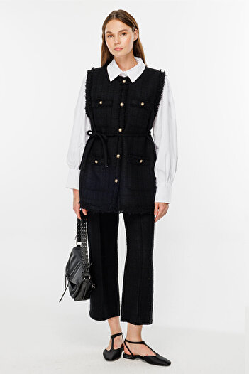 Hooopstore Tweed Black Trousers Set - Front Buttoned