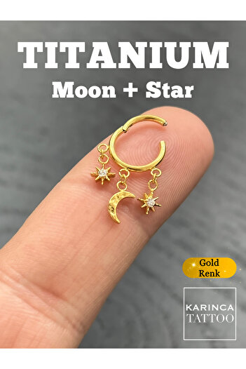 Karınca Piercing Premium Moon Star Yıldız Titanyum Piercing Klipsli Halka Tragus Kulak Nipple Burun Septum Helix Küpe