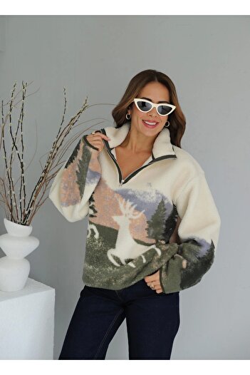 Purple by Banu Ekru Desenli Polar Sweat