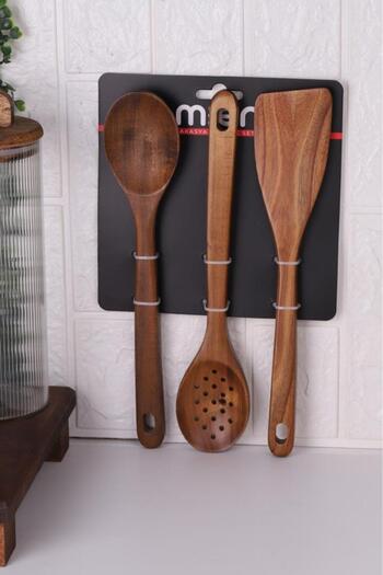 Atbyhome Atby Acacia Wood 3-Piece Kitchen Spoon Set Perforated Spoon Mixing Spoon and Spatula