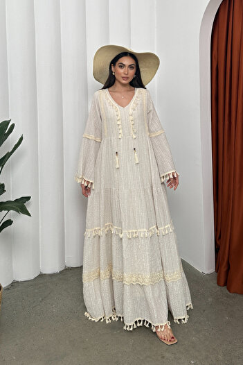 msm fashion Long Sleeve Seersucker V-Neck Tassel Detailed Loose Cut Women's Dress