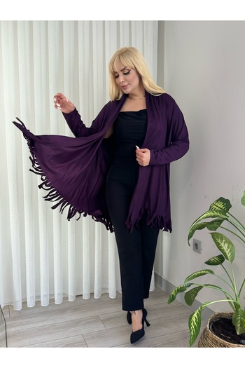 ViolettaXL Women's Large Size Asymetric Cut Tassel Detail Flexible Salaş Cardigan