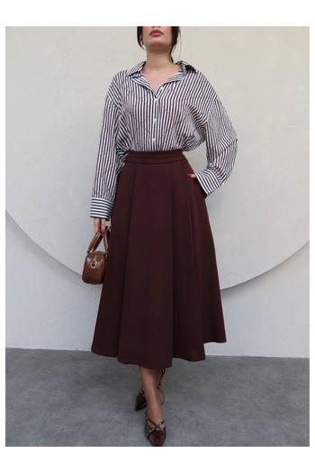 ESRAHELVACI Bitter Brown Flared Thick Pleated Midi Skirt