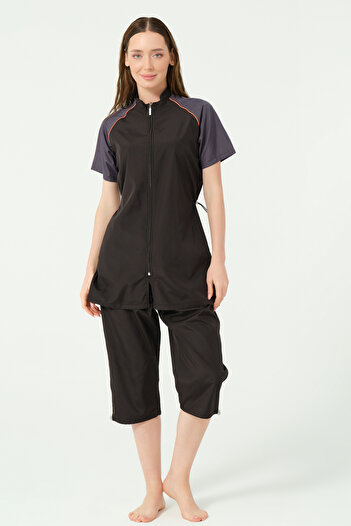 ALFASA Raglan Piping Half Sleeve Half Covered Swimsuit
