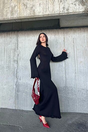 FMN Moda γυναικείο φόρεμα με βαθύ πίσω μέρος με μακριά διχτυωτή καμπάνα που εφαρμόζει τη μέση