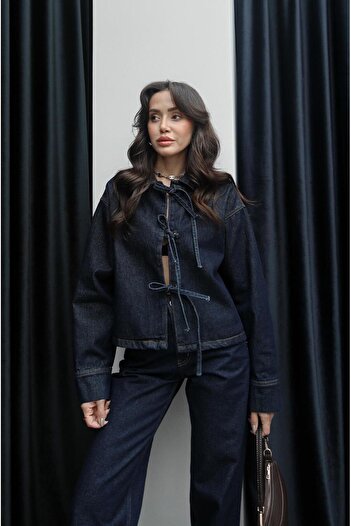 Havoş Navy Blue Front Tie Denim Blouse Jacket