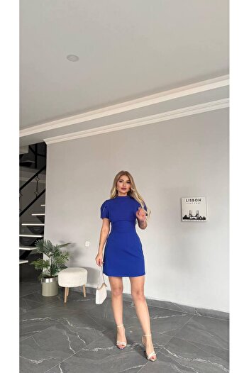 buqre's moda Sırtı  Fiyonk Ve Düğme Detaylı Karpuz Kollu Mini Elbise