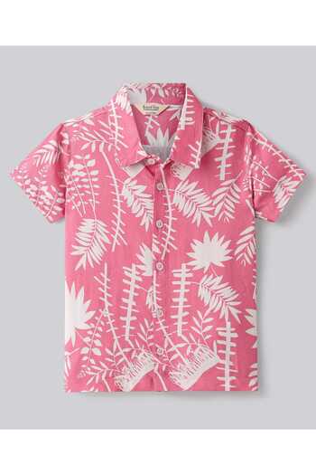 Bonfino Bonfino Half Sleeves Palm Tree Printed Shirt & Shorts Set - Pink & White