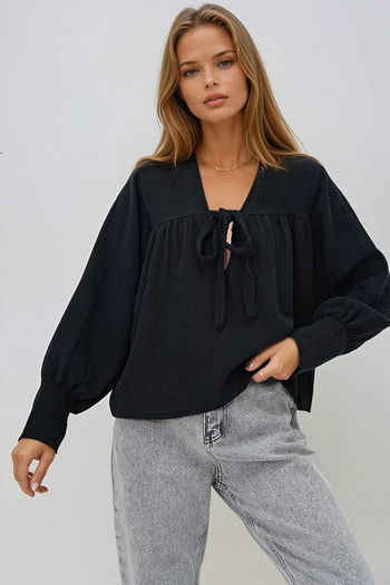 VAGGON Women's Black V-Neck Breast Tie Drawstring Summer Woven Blouse Prmx13409