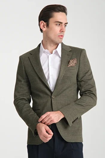 Frappoli Men's Plaid 360 All Direction Stretching Slim Fit Slim Fit Mono Collar Print Blazer Jacket