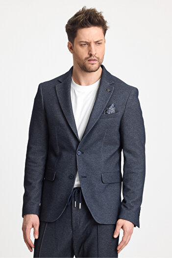 Frappoli Müller Men's Navy Blue Jeans Look Cotton Lycra Stretch Fabric Sports Blazer Jacket