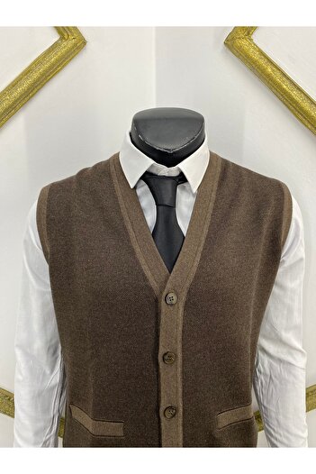 Sadık Collection Ateş Triko Чоловічий жилет з V-подібним коміром, кишенями та без рукавів, з вовняної тканини 492