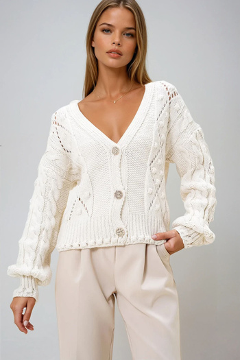 VAGGON Women's Cream V-Neck Stone Buttoned Thick Knitwear Cardigan Prmx13204