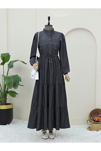 Modamorfo Pocket Elastic Skirt Layered Denim Dress -Black