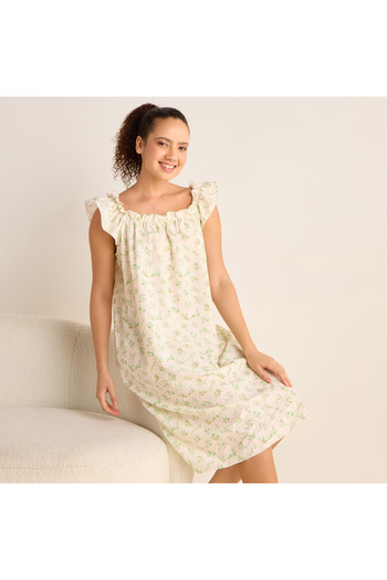 FAV Floral Print Sleeveless Night Dress with Ruffle Detail