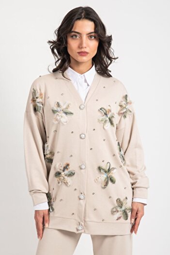 Bold Grup Women's Scuba Tulle Floral and Pearl Buttoned Cardigan Pantaloni Hijab Set