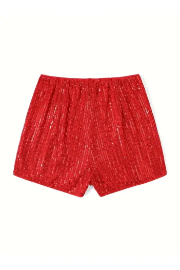 AYSİ COLLECTİON Elastic Waist Lined Sequin Shorts Red