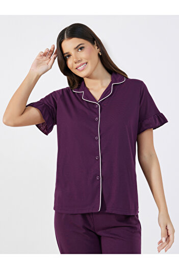 Styli Ruffle Sleeve Contrast Piping Shirt & Pyjama Set