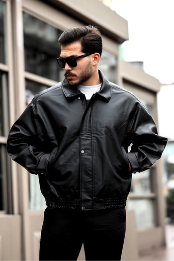 PRİFALDİ Ανδρικό μαύρο Oversize Vintage Δερμάτινο Μπουφάν