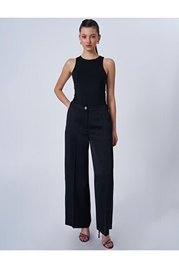 Kayra Shiny Button Detailed Satin Trousers Black