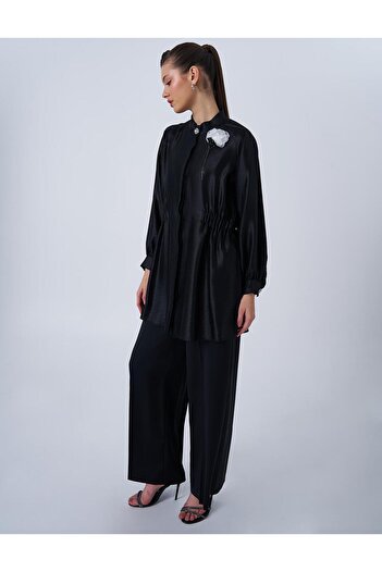 Kayra Satin Tunic with Black Brooch Detail