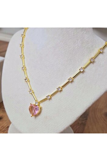 naaksesuar Vip Pembe Taşlı Kalp Kolye Gold