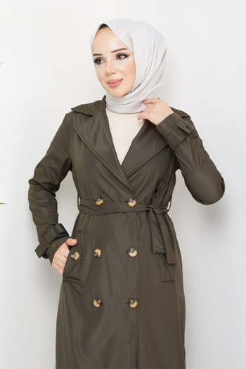 InStyle Double Breasted Collar Belted Lined Khaki Trench Coat