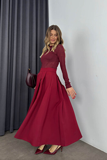 Sue Store Burgundy Pleated Bell Model Balloon Skirt